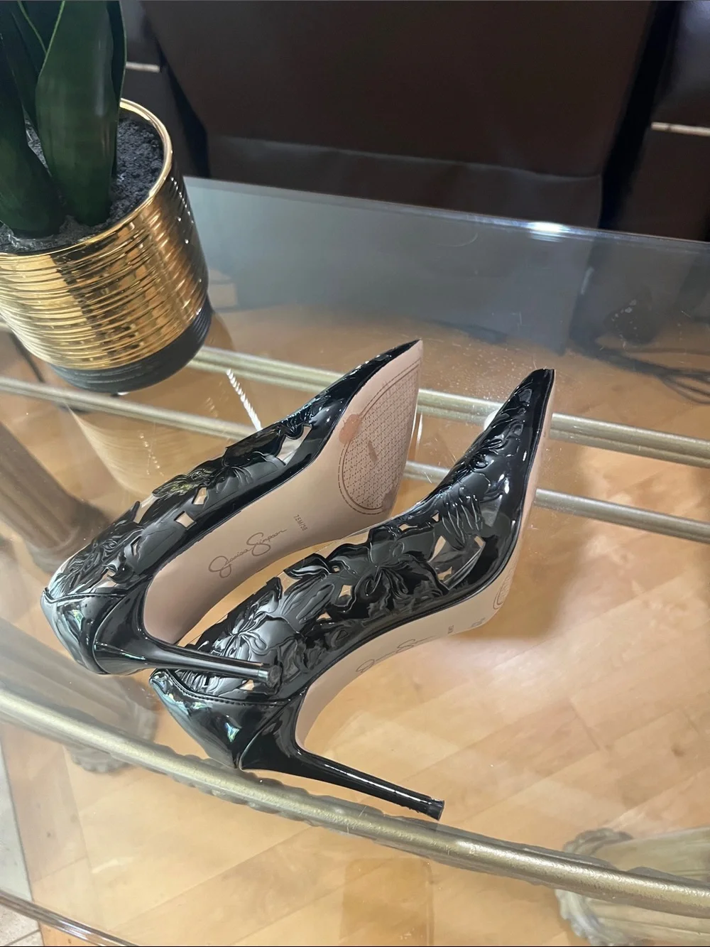 Jessica Simpson Black Patent Pointed Toe Pumps with Floral Embossing